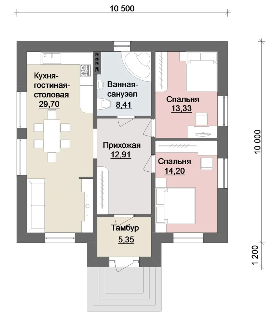 Одноэтажный дом S = 84 м2 для проживания семьи из трех человек с просторной кухней - гостиной, 2 спальнями и  санузлом. 